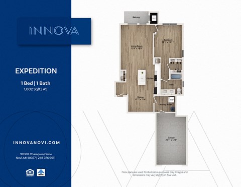 Floor plan for 1 bed, 1 bath, 1002 sqft
